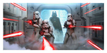 4boys armor border darth_vader gun hernan_carracedo highres holding holding_gun holding_weapon laser looking_at_viewer multiple_boys outside_border star_wars star_wars:_a_new_hope stormtrooper the_hundred_line_-last_defense_academy- weapon white_armor white_border