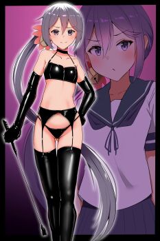Rule 34 | 1girl, akebono (kancolle), blue sailor collar, blue skirt, bondage outfit, breasts, dominatrix, dual persona, elbow gloves, garter belt, garter straps, gloves, hand on own hip, highres, holding, holding riding crop, kantai collection, katsuten, long hair, low ponytail, navel, ponytail, purple eyes, purple hair, riding crop, sailor collar, shiny clothes, skirt, small breasts, smile, thighhighs, very long hair