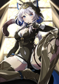 1girl absurdres animal_ear_fluff animal_hood blue_eyes boots breasts cat_girl cat_hood cipher_(honkai:_star_rail) cleavage commentary fingerless_gloves gloves grey_hair highres honkai:_star_rail honkai_(series) hood leotard light_blush medium_breasts mole nail_polish shirt thick_thighs thigh_boots thigh_strap thighs tokonatsu_(epfm5277)