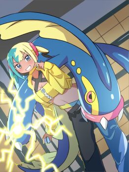 1girl bandeau belt black_belt blush canari_(pokemon) commentary_request cropped_jacket eelektross electricity gekogekobuhihi gen_5_pokemon grin hand_up happy highres holding holding_poke_ball jacket long_sleeves mask mask_pull mouth_mask multicolored_hair nintendo open_clothes open_jacket pants poke_ball pokemon pokemon_(creature) pokemon_legends:_z-a short_hair short_twintails smile teeth twintails yellow_bandeau yellow_jacket zipper zipper_pull_tab