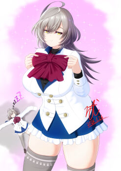 1girl absurdres adjusting_bowtie ahoge animal_print artist_name assault_lily asymmetrical_legwear black_shirt blue_skirt bow bowtie breast_expansion breasts brown_shoes buttons closed_eyes commentary_request dated dreaming drooling f-fuuwooprat-h frilled_skirt frills grey_hair grey_thighhighs grin hair_between_eyes half-closed_eyes hands_up herensuge_girls_academy_school_uniform highres jacket large_breasts loafers long_hair looking_at_viewer lying miniskirt mouth_drool multiple_views on_back outstretched_arms oversized_clothes parted_lips pink_background print_thighhighs rabbit_print red_bow red_bowtie sasaki_ran school_uniform shirt shoes skirt sleeping sleeves_past_fingers sleeves_past_wrists smile sparkle thighhighs two-tone_background uneven_legwear white_background white_jacket yellow_eyes zzz