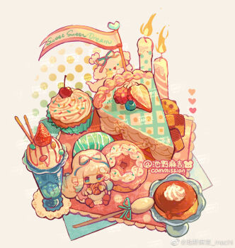 1girl absurdly_long_hair apron aqua_ribbon artist_name blue_eyes blue_ribbon bowl cake cake_slice candle candy checkerboard_cookie chewing chibi chocolate_chip_cookie colored_tips commission cookie cupcake dog donut dress eating fire flag food food_focus frilled_apron frilled_dress frills fruit ghost glass_bowl grey_hair hair_ribbon hair_spread_out halftone halftone_background holding holding_food ice_cream jelly_bean long_dress long_hair long_sleeves machi_nailao_bao mini_person minigirl multicolored_hair napkin original pink_dress pink_ribbon pink_shoes pocky poodle pudding puffy_long_sleeves puffy_sleeves ribbon sample_watermark shoes sitting spoon strawberry strawberry_slice two-tone_ribbon very_long_hair watermark watermark_grid weibo_watermark whipped_cream white_apron