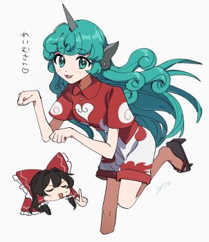 2girls :3 absurdres bow brown_hair commentary_request curly_hair frilled_bow frilled_hair_tubes frills geta green_eyes green_hair hair_bow hair_tubes hakurei_reimu heart highres horns kariyushi_shirt komainu_girl komano_aunn leg_up long_hair multiple_girls open_mouth paw_pose red_bow red_shirt shirt short_sleeves shorts single_horn smile touhou translation_request uehara_suiyo white_shorts