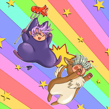 Rule 34 | 2boys, animal costume, commentary request, cosplay, desert wolf (ragnarok online), desert wolf (ragnarok online) (cosplay), deviruchi, deviruchi (cosplay), fang, food, food art, full body, green hair, high priest (ragnarok online), holding, holding pitchfork, kicking, male focus, multiple boys, open mouth, pitchfork, pointy ears, purple hair, ragnarok online, rainbow background, short hair, smile, star (symbol), susukinohukurou, tako-san wiener, wolf costume