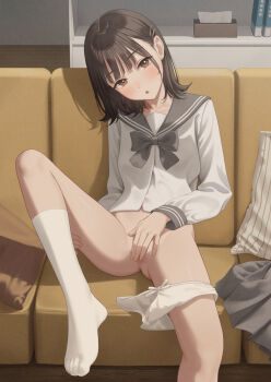 1girl :o black_hair bow bow_panties bowtie brown_eyes commentary_request couch covering_crotch covering_privates grey_bow grey_bowtie grey_sailor_collar grey_skirt hair_ornament hairclip highres knee_up kneehighs long_sleeves medium_hair on_couch original panties panties_around_leg parted_lips pillow sailor_collar school_uniform serafuku shirt sitting skirt socks solo tongue underwear unworn_skirt white_panties white_shirt white_socks yukishima_momo