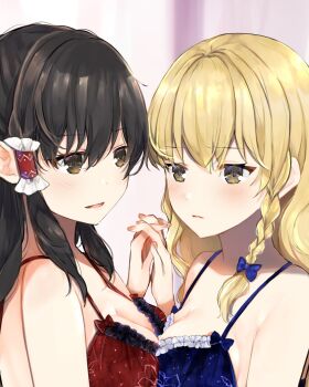 2girls alternate_costume blonde_hair blue_bow blue_bra blush bow bra braid breasts cleavage commentary_request frilled_hair_tubes frills hair_bow hair_tubes hakurei_reimu highres holding_hands interlocked_fingers kirisame_marisa large_breasts lingerie minatsuki_yurara multiple_girls no_headwear open_mouth red_bra side_braid single_braid smile touhou underwear yellow_eyes