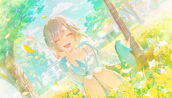 Rule 34 | 1girl, bass guitar, blue jacket, breasts, closed eyes, collarbone, colorful palette, dutch angle, earrings, facing viewer, floating hair, flower, frilled skirt, frills, furrowed brow, game cg, green theme, guitar, hair ornament, hairclip, happy, highres, hinomori shiho, instrument, jacket, jewelry, light blush, official alternate costume, official art, open clothes, open jacket, open mouth, outdoors, pastel colors, path made by faith (project sekai), petals, project sekai, ring, shirt, short hair, single off shoulder, skirt, sleeveless, sleeveless shirt, small breasts, solo, spaghetti strap, squatting, third-party source, three-quarter sleeves, tree, unbuttoned jacket, wind, yellow flower, yellow petals, yellow theme