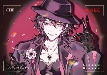 1girl absurdres battery_indicator black_eyes black_gloves black_hair black_hat boutonniere breasts chinese_commentary cleavage collarbone commentary crossed_fingers deren_(path_to_nowhere) earrings flower gloves hair_between_eyes hand_up hat heart heart_earrings heart_necklace highres hoop_earrings jacket jewelry lapels looking_at_viewer necklace notched_lapels open_clothes open_jacket parted_lips path_to_nowhere pink_flower recording red_background silver_earrings smile solo spotlight suit_jacket tangxi user_interface