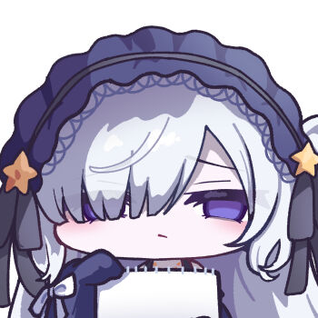 1girl absurdres black_ribbon blue_hairband chibi chibi_only closed_mouth commentary_request gothic_lolita hair_over_one_eye hairband highres holding holding_paper lolita_fashion lolita_hairband long_hair looking_at_viewer mahou_shoujo_no_majo_saiban natsume_an-an panatisia paper purple_eyes ribbon simple_background solo star_(symbol) upper_body white_background white_hair