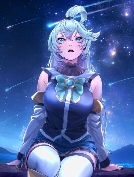 1girl absurdres aqua_(konosuba) arm_support awestruck blue_eyes blue_hair blue_shirt blue_skirt boots bow bowtie breasts comet commentary crossed_bangs detached_sleeves english_commentary green_bow green_bowtie hair_between_eyes hair_rings highres horizon ibispaint_(medium) kono_subarashii_sekai_ni_shukufuku_wo! large_breasts long_hair long_sleeves looking_at_viewer looking_up meteor_shower miniskirt mountainous_horizon night night_sky open_mouth pleated_skirt shigokin_(baller4jesus27) shirt shooting_star signature sitting skirt sky sleeveless sleeveless_shirt solo star_(sky) starry_sky thigh_boots thighhighs thighhighs_under_boots thighs white_sleeves white_thighhighs zettai_ryouiki