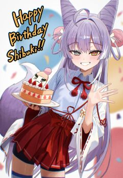 >_< 1girl absurdres ahoge black_shorts blue_eyes bright_pupils cake character_name commentary_request cone_hair_bun dot_nose food fox_girl fox_tail hair_bun hair_intakes hair_ornament happy_birthday heterochromia highres holding holding_plate inari_(tenko_shibuki) korean_commentary kosode light_blush long_hair looking_at_viewer mismatched_pupils open_clothes open_hand pink_pupils plate pleated_skirt pom_pom_(clothes) pom_pom_hair_ornament purple_hair purple_tail red_skirt shorts skirt smile stellive tail tenko_shibuki two-tone_tail virtual_youtuber white_pupils white_tail wide_sleeves yellow_eyes yeoun