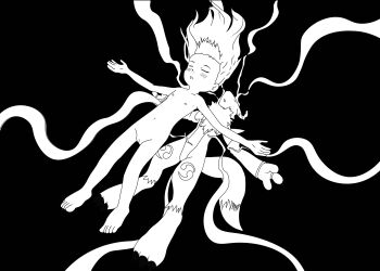 1girl 1other absurdres armpits barefoot biomerge blunt_bangs collarbone completely_nude digimon digimon_tamers dubidu123 energy expressionless feet female_focus flat_chest floating floating_hair full_body fusion groin hair_down henshin highres legs light_blush loli long_hair makino_ruki matrix_evolution monochrome navel neck nipples nude official_alternate_hairstyle orange_hair outstretched_arms parted_lips pussy renamon sidelocks small_nipples thighs toenails toes transformation truth