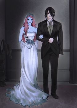 amputee artist_name black_hair black_jacket black_pants black_shoes black_suit blue_sky bouquet breasts bridal_gauntlets bridal_veil brown_hair cleavage collarbone corpse_bride cosplay couple dress emily_(corpse_bride) emily_(corpse_bride)_(cosplay) flower formal_clothes full_body grey_necktie grey_vest hair_over_one_eye haruno_sakura head_wreath hetero highres holding holding_another&#039;s_arm holding_bouquet jacket jewelry long_dress medium_breasts naruto_(series) naruto_shippuuden necktie pants ribs ring shirt shoes sky standing suit tenartistt uchiha_sasuke veil vest waistcoat wedding_dress wedding_ring white_dress white_shirt