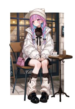 1girl bag black_shoes black_socks blue_hair braid chair closed_mouth commentary_request cup full_body highres hololive jacket knit_hat long_sleeves looking_to_the_side loose_socks minato_aqua multicolored_hair on_chair open_clothes open_jacket pink_bag pink_eyes pink_hair sa-ya2 shoes shoulder_bag sitting socks solo teacup twin_braids two-tone_hair virtual_youtuber white_jacket white_socks