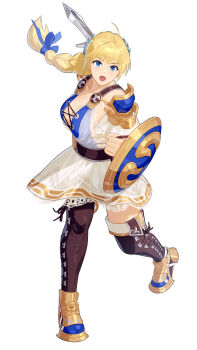 Rule 34 | 1girl, blonde hair, blue eyes, braid, braided ponytail, breasts, commentary request, commission, full body, highres, holding, holding shield, holding sword, holding weapon, large breasts, long hair, pixiv commission, shield, simple background, solo, sophitia alexandra, soul calibur, sword, weapon, white background, yagi2013