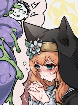 1boy 1girl animal_ear_headwear blue_archive blue_eyes blush brown_background closed_mouth doodle_sensei_(blue_archive) fake_animal_ears flower gradient_background hair_flower hair_ornament halo highres long_hair long_sleeves mari_(blue_archive) nun orange_hair own_hands_clasped own_hands_together pan-chan_(blue_archive) restrained sailor_collar sensei_(blue_archive) smile speech_bubble sweat tentacles thought_bubble upper_body wavy_mouth white_background white_flower white_sailor_collar yellow_halo yukiyuki_(yukiyukimac4260)