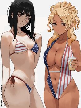 2girls american_flag american_flag_bikini american_flag_print areola_slip bikini black_hair blonde_hair braid breasts brown_eyes chainsaw_man cleavage closed_mouth collarbone commentary covered_erect_nipples crossover cup dark-skinned_female dark_skin english_commentary female_focus flag_print flag_print_bikini food_court_de_mata_ashita hand_up highres holding holding_cup large_breasts looking_at_viewer medium_breasts multiple_girls nail_polish navel orange_eyes parted_bangs patreon_logo patreon_username print_bikini red_eyes scar scar_on_face side-tie_bikini_bottom sideboob simple_background slingshot_swimsuit strap_gap swimsuit white_nails yamamoto_(food_court) yoru_(chainsaw_man) zefrableu
