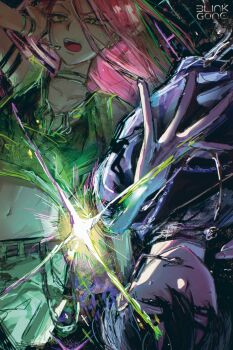 1boy 1girl absurdres alien_stage armlet black_bra black_eyes black_hair black_jacket black_shirt bra bracelet choker commentary crop_top english_commentary english_text green_tank_top hawk_till headset highres ivan_(alien_stage) jacket jewelry long_hair mizi_(alien_stage) navel open_mouth pink_hair red_pupils rotational_symmetry see-through_clothes shirt short_hair song_name tank_top underwear very_short_hair yellow_eyes