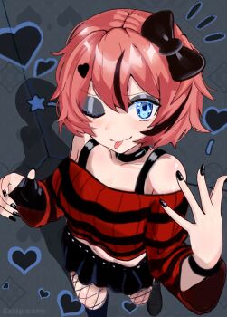 1girl :p absurdres artist_name bare_shoulders belt black_belt black_bow black_choker black_eyeshadow black_gloves black_hair black_nails black_shirt black_shoes black_socks black_sweater blue_eyeliner blue_eyes blush bow bra_strap brown_hair choker cropped_sweater doki_doki_literature_club eclipxare eyeliner eyeshadow fingerless_gloves fishnet_thighhighs fishnets from_above gloves goth_fashion grey_background hands_up heart heart_in_eye highres light_blush long_sleeves looking_at_viewer makeup midriff multicolored_hair nail_polish notice_lines off-shoulder_sweater off_shoulder one_eye_closed pink_hair red_sweater sayori_(doki_doki_literature_club) shadow shirt shoes short_hair single_glove socks streaked_hair sweater symbol_in_eye thighhighs tongue tongue_out wavy_mouth