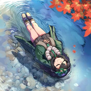 Rule 34 | 1girl, autumn leaves, black gloves, black hair, black shirt, black skirt, blush, bow, bowtie, closed eyes, collarbone, fascinator, fingerless gloves, floating, gloves, green bow, green bowtie, green jacket, green trim, hair between eyes, hat, hat bow, highres, jacket, kemono friends, leaf, long coat, long hair, mcgunngu, plaid clothes, plaid skirt, pleated skirt, river, sagojo (kemono friends), shirt, sidelocks, skirt, smile, socks, solo, white hat, white socks