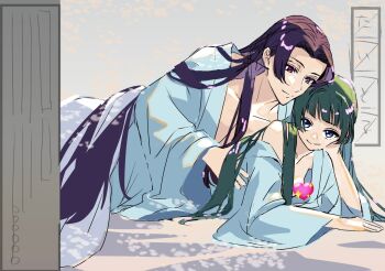 1boy 1girl blue_eyes blue_robe blunt_bangs censored chii_(chi_hrd) chinese_clothes commentary_request couple green_hair head_on_hand heart heart_censor hetero highres jinshi_(kusuriya_no_hitorigoto) kusuriya_no_hitorigoto long_hair maomao_(kusuriya_no_hitorigoto) open_clothes open_robe parted_bangs purple_eyes purple_hair robe single_bare_shoulder sketch smile straight_hair very_long_hair wide_sleeves