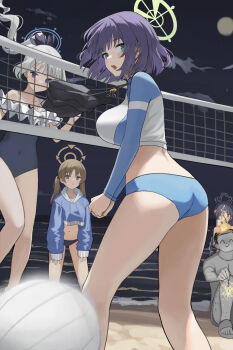 1girl absurdres ass ball beach beach_volleyball bikini blue_archive blue_halo blue_one-piece_swimsuit breasts brown_hair brown_halo cloud commentary_request dolri doodle_sensei_(blue_archive) full_moon green_halo halo highres large_breasts looking_at_viewer miyako_(blue_archive) miyako_(swimsuit)_(blue_archive) miyu_(blue_archive) miyu_(swimsuit)_(blue_archive) moe_(blue_archive) moe_(swimsuit)_(blue_archive) moon night ocean official_alternate_costume one-piece_swimsuit open_mouth outdoors rabbit_platoon_(blue_archive) saki_(blue_archive) saki_(swimsuit)_(blue_archive) sensei_(blue_archive) short_hair standing swimsuit twintails volleyball_(sport) volleyball_(object) volleyball_net