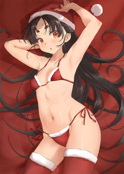 1girl :o alternate_costume bed_sheet bikini black_hair breasts commentary_request feet_out_of_frame kantai_collection long_hair looking_at_viewer lying navel nisshin_(kancolle) red_bikini red_eyes red_thighhighs santa_bikini santa_costume short_eyebrows small_breasts solo swimsuit thighhighs toka_(marchlizard)