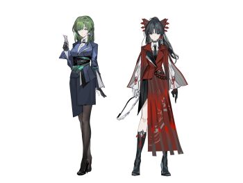 2girls alternate_costume bandaged_hand bandages black_boots black_gloves black_hair black_necktie black_pantyhose black_shoes blue_jacket blue_skirt boots bow_(weapon) commentary full_body gloves green_hair hair_tubes hakurei_reimu high_heels highres holding holding_bow_(weapon) holding_ofuda holding_weapon jacket kochiya_sanae looking_at_viewer multiple_girls necktie ofuda pantyhose red_jacket red_skirt reeh_(yukuri130) shoes simple_background single_hair_tube skirt touhou weapon white_background