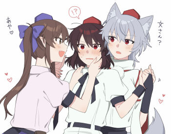 Rule 34 | !?, 3girls, animal ear fluff, animal ears, black bow, black bowtie, black necktie, blush, bow, bowtie, bridal gauntlets, brown eyes, brown hair, checkered clothes, checkered skirt, collared shirt, commentary request, detached sleeves, fang, grey hair, hand on another's cheek, hand on another's face, hat, heart, highres, himekaidou hatate, holding hands, inubashiri momiji, long hair, missing wings, motion lines, multiple girls, necktie, open mouth, pink shirt, pointy ears, pom pom (clothes), puffy short sleeves, puffy sleeves, purple hat, red eyes, red hat, sakic43899, shameimaru aya, shirt, short sleeves, skirt, smile, speech bubble, sweat, tail, tokin hat, touhou, translated, twintails, white shirt, wolf ears, wolf girl, wolf tail, wrist cuffs, yuri