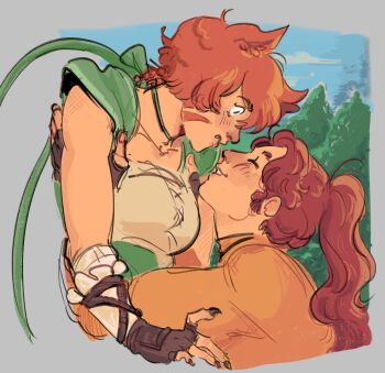 2girls animal_ears breasts cat_ears cat_girl commentary english_commentary fingerless_gloves fire_emblem fire_emblem:_path_of_radiance gloves haunterclere highres hug jill_(fire_emblem) lethe_(fire_emblem) long_hair medium_breasts multiple_girls nintendo orange_hair outdoors ponytail red_hair short_hair surprised yuri