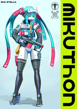 1girl absurdres android artist_name blue_hair brain commentary english_commentary green_eyes gun hatsune_miku head-mounted_display highres holding holding_gun holding_weapon marathon shoes shu-stella simple_background solo standing thighhighs trigger_discipline vocaloid weapon