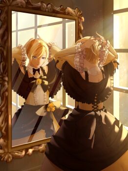 1boy adjusting_hair aku_no_meshitsukai_(vocaloid) allen_avadonia androgynous black_bow black_bowtie black_ribbon blonde_hair blue_eyes bow bowtie brooch cosplay cross-laced_clothes cross-laced_dress crossdressing detached_collar dress dress_bow dress_flower dress_ribbon flower frilled_dress frilled_sleeves frills gem high_ponytail highres impersonation jewelry kagamine_len light_particles looking_at_mirror median_furrow miku_symphony_(vocaloid) mirror off-shoulder_dress off_shoulder ponytail red_flower red_rose reflection ribbon riliane_lucifen_d&#039;autriche riliane_lucifen_d&#039;autriche_(cosplay) rose sasamiko solo stomacher vocaloid wide_sleeves window yellow_dress yellow_gemstone