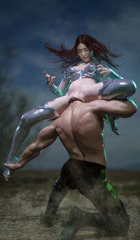 1boy 1girl 3d artist_request black_nails breasts cleavage head_in_pussy head_in_vagina head_insertion highres large_insertion lifting_person light_particles muscular muscular_male no_panties outdoors source_request stomach_bulge topless_male unbirthing uncensored what