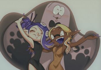 1960s_(style) 1boy 2girls big_man_(splatoon) blonde_hair blush bow bowtie breasts colored_tongue dark-skinned_female dark_skin deformed dress earrings eyelashes eyeliner fangs frye_(splatoon) hair_ornament hair_stick inkling jewelry manta_ray multicolored_hair multiple_girls nintendo octoling oldschool open_mouth pointy_ears purple_tongue retro_artstyle roachgore round_nose shiver_(splatoon) smile splatoon_(series) splatoon_3 tentacle_hair yellow_eyeliner