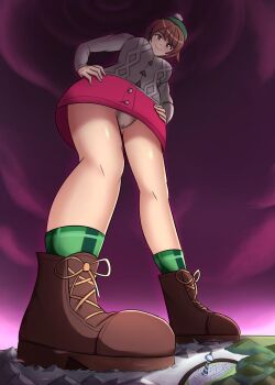 1girl blush bob_cut boots breasts brown_boots brown_eyes brown_hair cameltoe cardigan city cloud cloudy_sky coast crushing dress dynamax female_focus from_below full_body gen_8_pokemon giant giantess gloria_(pokemon) green_hat green_socks grey_cardigan hat highres hill landscape large_breasts legs legs_apart long_sleeves looking_down mountain nintendo ocean outline panties pantyshot pink_dress pokemon pokemon_(creature) pokemon_swsh red_sky river shiny_skin short_hair sky smile socks solo standing swept_bangs thighs tower underwear upskirt white_panties wide_hips