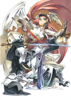 Rule 34 | 1boy, 1girl, armor, blazblue, green eyes, hakumen, hat, highres, ishiwatari daisuke, long hair, mask, official art, red hair, silver hair, sword, tsubaki yayoi, weapon, white background