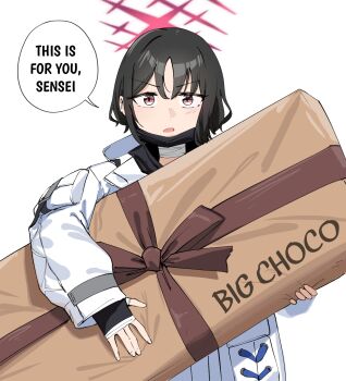 1girl bandaged_neck bandages black_hair blue_archive brown_eyes candy chocolate chocolate_bar commentary english_commentary english_text food gift halo herzero highres holding holding_chocolate holding_food holding_gift jacket long_sleeves looking_at_viewer mask misaki_(blue_archive) mouth_mask open_mouth oversized_food oversized_object red_halo short_hair simple_background solo upper_body v-shaped_eyebrows valentine white_background white_jacket