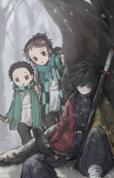 3boys bird black_hair black_jacket black_pants brown_hair buttons character_request crow demon_slayer_uniform earrings gold_buttons hanafuda_earrings haori high_collar highres jacket japanese_clothes jewelry kamado_tanjirou kanzaburou_(kimetsu_no_yaiba) katana kikkoumon kimetsu_no_yaiba long_hair low_ponytail magneticfieldh male_focus multiple_boys outdoors pants ponytail print_haori red_haori sitting snow spiked_hair sword tomioka_giyuu weapon
