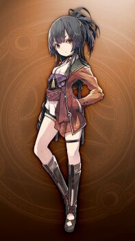 1girl black_gloves black_hair blue_shorts boots breasts brown_background brown_boots closed_mouth full_body gloves hand_in_pocket high_ponytail jacket long_hair looking_at_viewer open_clothes open_jacket orange_jacket ponytail shorts solo standing standing_on_one_leg thick_eyebrows yellow_eyes