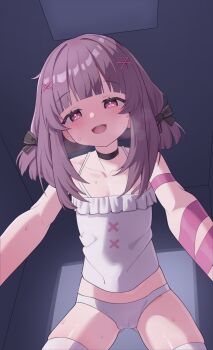 1girl absurdres bare_shoulders black_choker blunt_bangs blush breath brown_hair camisole ceiling choker cowboy_shot fallenshadow flat_chest hair_ornament highres indie_virtual_youtuber indoors loli looking_at_viewer medium_hair onion_(tamanegi) open_mouth paid_reward_available panties reaching reaching_towards_viewer red_eyes smile solo sweat thighhighs underwear virtual_youtuber white_camisole white_panties white_thighhighs x_hair_ornament