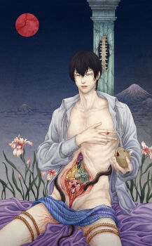 1boy black_hair bone chazy column egg flower full_moon guro hand_on_own_chest highres holding holding_egg intestines male_focus moon mountain open_clothes open_shirt organs original pillar red_moon shirt sitting snake spine uterus veins white_shirt