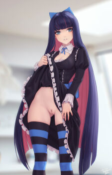 1girl black_dress blue_eyes blunt_bangs blurry blurry_background breasts cleavage cleft_of_venus clothes_lift colored_inner_hair dress dress_lift feet_out_of_frame gluteal_fold highres juliet_sleeves lifting_own_clothes long_hair long_sleeves looking_at_viewer medium_breasts multicolored_hair navel panty_&amp;_stocking_with_garterbelt personal_ami pink_hair puffy_sleeves purple_hair pussy solo standing stocking_(psg) striped_clothes striped_thighhighs thighhighs two-tone_hair uncensored very_long_hair