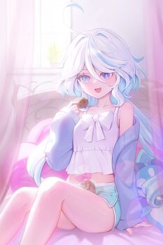 1girl ahoge aqua_eyes aqua_hair aqua_shorts bag blue_eyes breasts camisole collarbone commentary cookie feet_out_of_frame food furina_(genshin_impact) genshin_impact hair_between_eyes heterochromia highres holding holding_cookie holding_food kkomommo long_hair long_sleeves midriff multicolored_hair open_mouth plastic_bag short_shorts shorts sitting sleeves_past_wrists small_breasts smile solo surintendante_chevalmarin symbol-only_commentary very_long_hair white_camisole white_hair