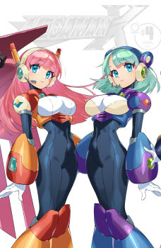 2girls android aqua_hair armor atomicmrshmallw black_bodysuit blue_eyes blue_hair bodysuit breasts comic_cover copyright_name cover cover_page feet_out_of_frame full_body gloves headset highres large_breasts long_hair looking_at_viewer luna_(mega_man) mega_man_(series) mega_man_maverick_hunter_x mega_man_x_(series) minerva_(mega_man) multiple_girls navigator_(mega_man) numbered official_art pink_hair radio_antenna standing udon_entertainment white_gloves