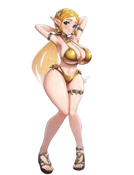 1girl absurdres alternate_costume armlet armpits bare_shoulders bikini blonde_hair blue_eyes braid breasts cleavage commentary_request crown_braid earrings flower_pendant gem gold_bikini gonzarez green_gem hair_ornament highres jewelry large_breasts long_hair looking_at_viewer midriff navel necklace nintendo pendant pointy_ears princess_zelda sandals sidelocks simple_background skindentation solo swimsuit the_legend_of_zelda the_legend_of_zelda:_breath_of_the_wild thigh_strap triforce white_background