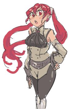 1girl blush davewaterfalls fire_emblem fire_emblem_awakening hand_on_own_hip looking_at_viewer nintendo red_eyes red_hair severa_(fire_emblem) simple_background solo twintails