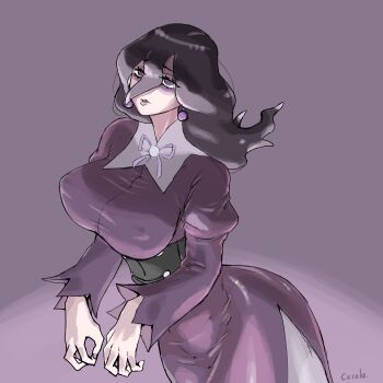 Rule 34 | 1girl, absurdres, bags under eyes, black hair, breasts, commentary request, covered erect nipples, earrings, hex maniac (pokemon), hex maniac (pokemon legends: z-a), highres, jewelry, large breasts, nintendo, open mouth, pokemon, pokemon legends: z-a, purple eyes, solo, yuzuriha caruru