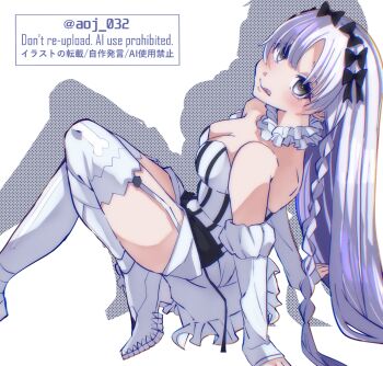 1girl bare_shoulders black_bow blush bow braid breasts cleavage collar colored_inner_hair commentary_request detached_sleeves dress fate/strange_fake fate_(series) francesca_prelati_(fate) frilled_collar frills garter_straps grey_eyes grey_hair hair_bow high_heels highres licking_lips long_hair looking_at_viewer medium_breasts mitsuya_(328) multicolored_hair parted_bangs ringed_eyes sidelocks smile solo striped_clothes striped_dress thighhighs tongue tongue_out very_long_hair white_dress white_hair white_thighhighs