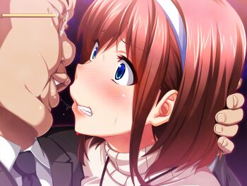 1boy 1girl after_kiss age_difference asaoka_genzo big_nose black_background black_jacket black_necktie blue_eyes blush brown_hair clenched_teeth collared_shirt embarrassed eye_contact fat fat_man from_side furrowed_brow game_cg glasses hairband hand_in_another&#039;s_hair hetero hinomoto_koharu jacket kedamono-tachi_no_sumu_ie_de lapels looking_at_another medium_hair necktie old old_man older_male_and_younger_female pin-point portrait raised_inner_eyebrows saliva saliva_trail shirt sidelocks simple_background suit_jacket surprised sweat sweater takeda_hiromitsu teeth thick_lips turtleneck turtleneck_sweater ugly_bastard white_hairband white_shirt wide-eyed wrinkled_skin