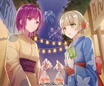 2girls aerial_fireworks alternate_hairstyle animal bag bagged_fish blonde_hair blue_kimono book bow breasts closed_mouth commentary festival fireworks fish floral_print flower food_stand goldfish hair_flower hair_ornament heaven_burns_red highres holding holding_bag holding_book japanese_clothes kimono lantern long_sleeves market_stall multiple_girls nanase_nanami_(heaven_burns_red) night night_sky obi open_mouth outdoors paper_lantern print_kimono purple_eyes purple_hair red_bow red_eyes red_flower red_sash robe sash short_hair sky smile star_(sky) summer_festival symbol-only_commentary tezuka_saki tree wide_sleeves yellow_eyes yellow_kimono yukata zazoyi1